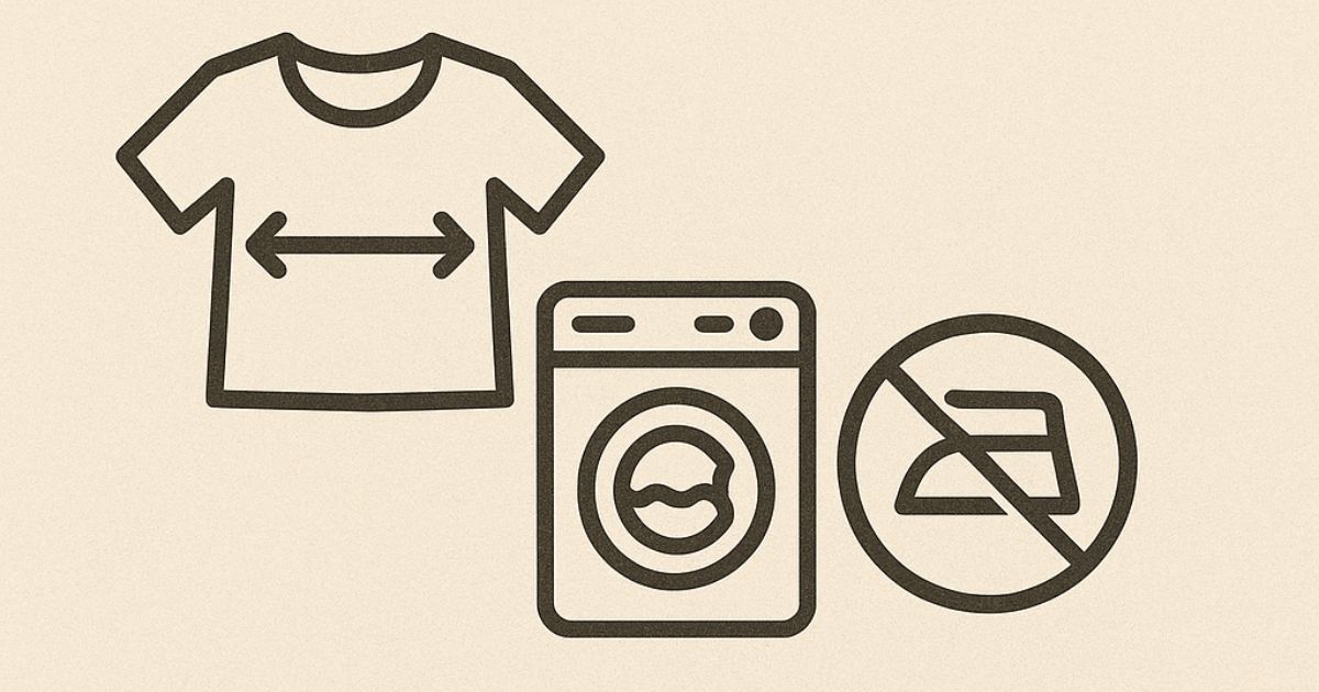コットンの洗濯で縮みを防ぐイメージ。Tシャツのアイコン、洗濯機、禁止マーク付きのアイロンを白と灰色基調でシンプルに描いたイラスト。